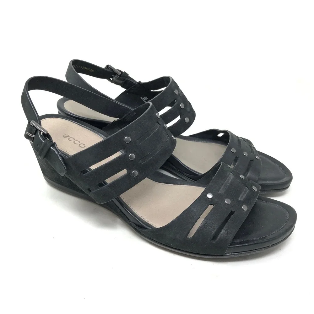 ECCO Womens Sandals 40 Wedge‎ Touch 45 Black Leather Studded Open Toe Heel